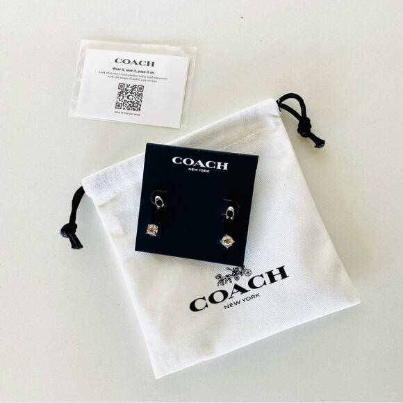 NEW COACH Silver White Bag Card CZ Signature And Stone Stud Earrings Set 2 - Picture 1 of 7